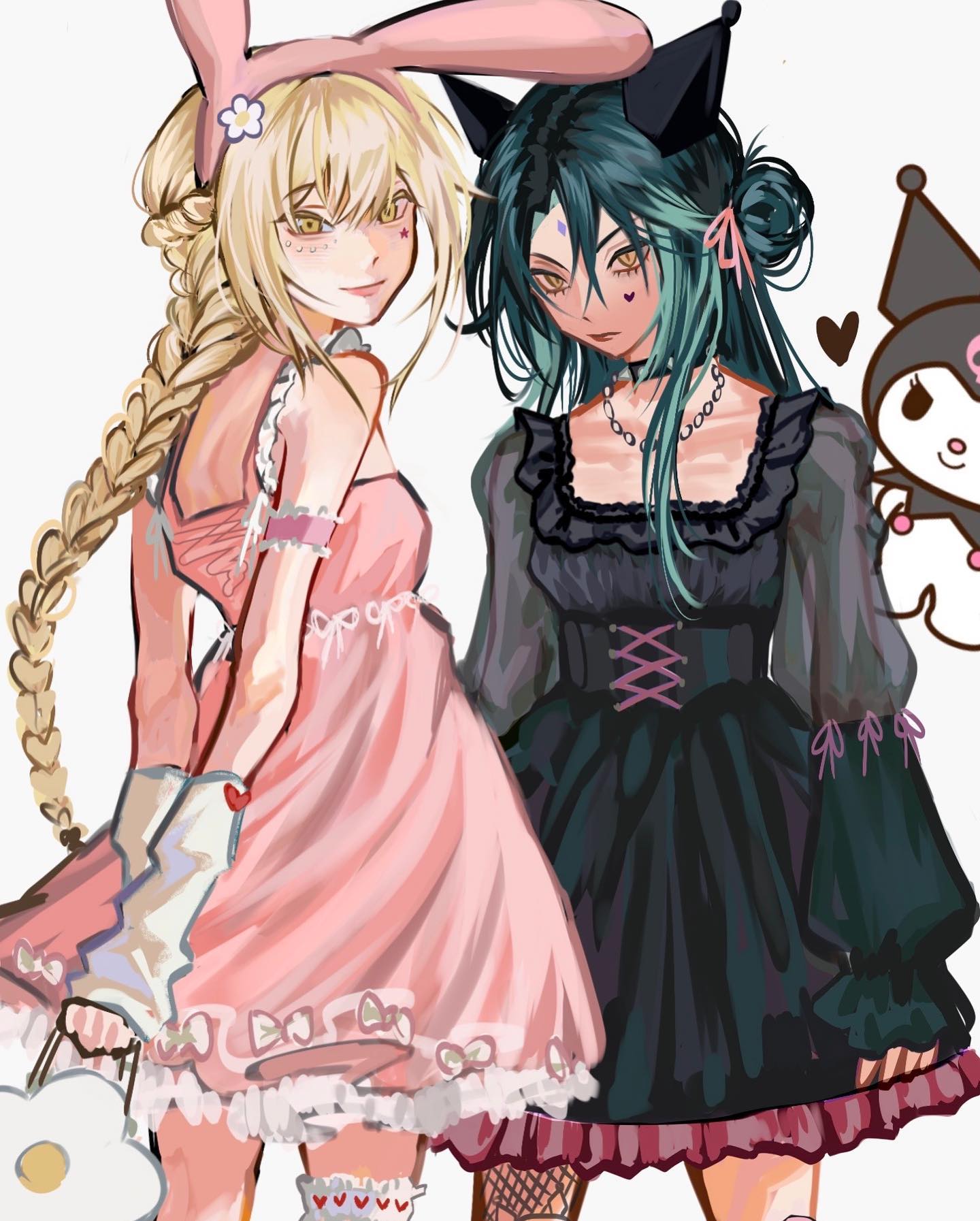 the image is a digital painting or illustration featuring two animestyle girls standing sidebyside. one girl wears a pink, pastel lolitastyle dress and bunny ears, complemented by blonde braided hair. the other girl is dressed in a dark, gothic lolitastyle dress and cat ears, sporting teal hair styled in a bun.  the background is plain white, drawing focus to the girls. a kuromi (from sanrio) character is partially visible in the upper right corner. the overall style is cute and features a contrast between pastel and darker aesthetics. the artwork appears to be fanart, showcasing a friendly relationship between the two characters.