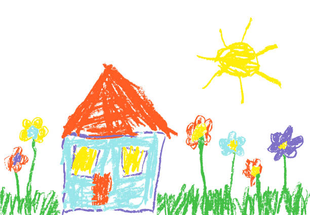 a child's crayon drawing of a house with a red roof and yellow windows. there are flowers and grass on either side of the house, and a bright yellow sun shining above.