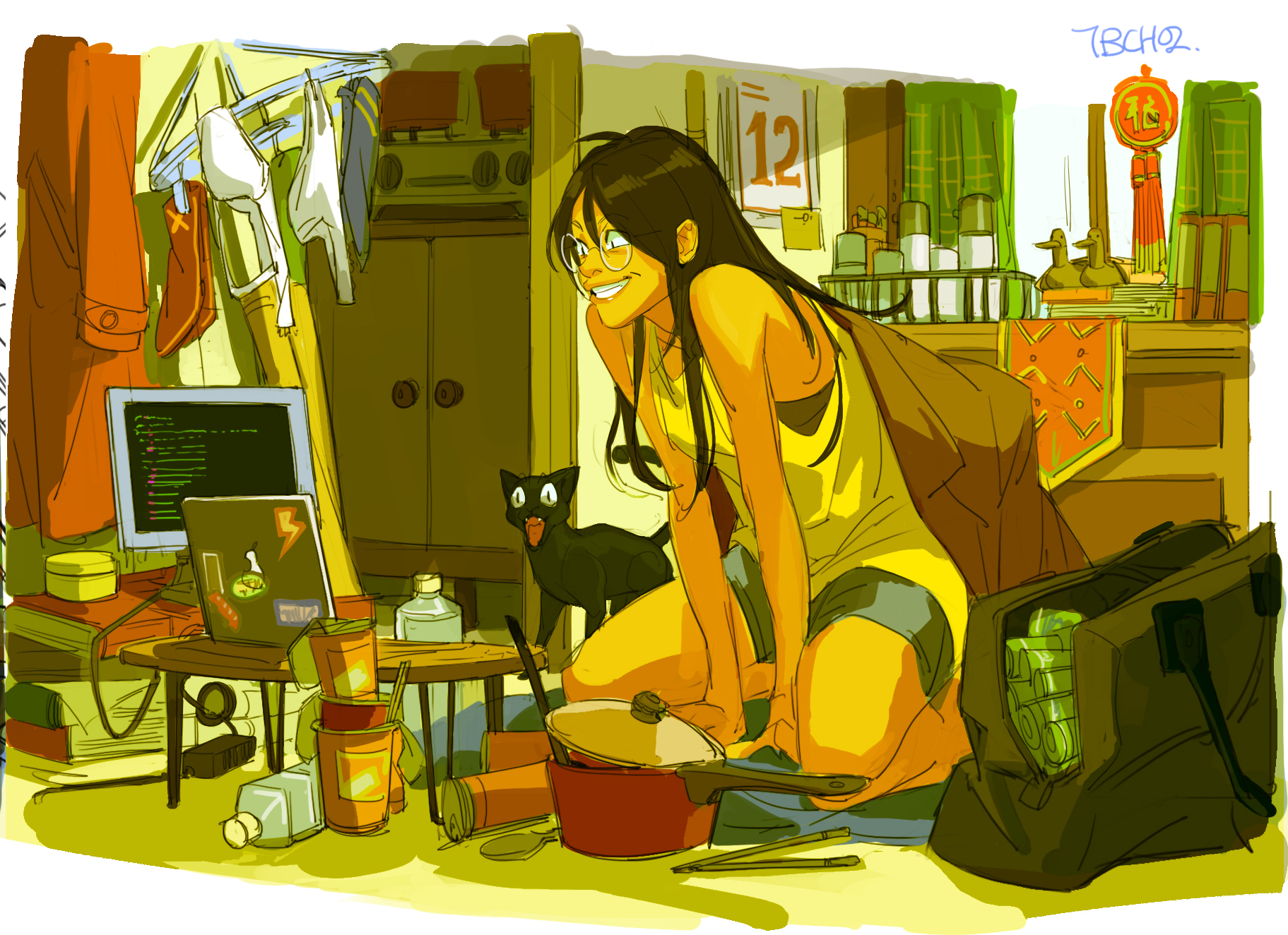 a vibrant, colorful illustration of a young woman with long brown hair and glasses, smiling happily. she's in a cluttered room, possibly an apartment, surrounded by various items including a laptop showing code, ramen cups, a pot, a black cat, and clothes on a hanger. the scene is sunlit and bright, conveying a cheerful and relaxed atmosphere. the art style is animeinspired with a distinct and expressive use of color and line.  the overall impression is one of casual comfort and youthful energy.