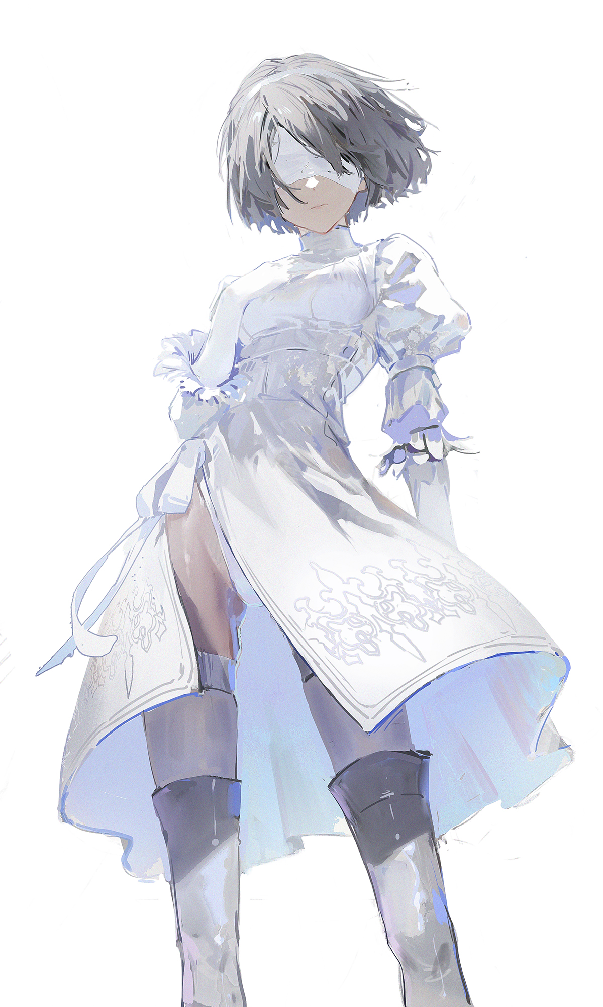 this is a digital illustration of an anime girl. she has short, white hair and is wearing a long, white dress. she has grey eyes that are closed and is wearing high, kneehigh boots that are white and blue. the background is white.