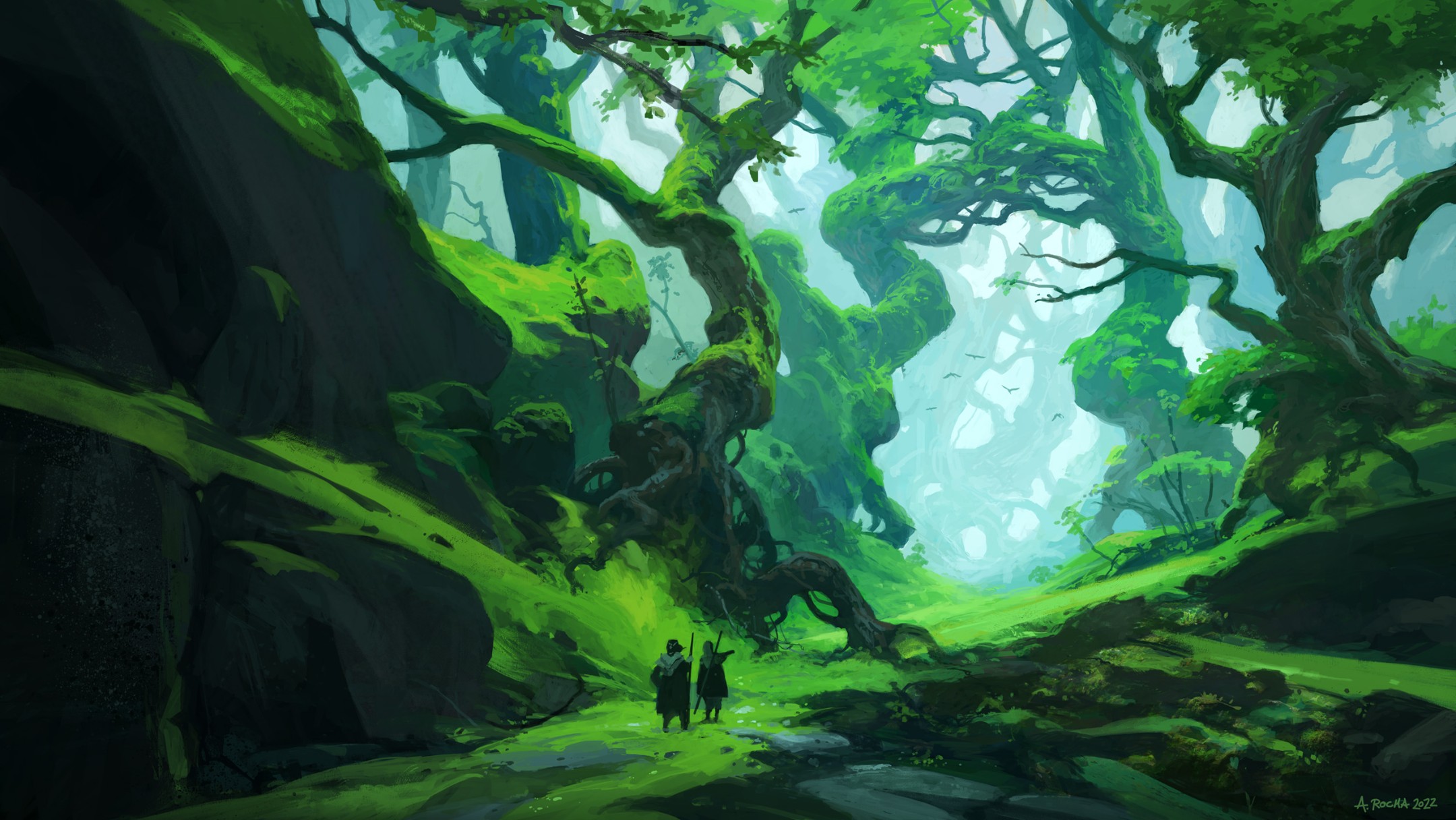 this image is a digital painting of a lush, green forest. two small figures, adventurers perhaps, stand on a path that winds between towering, mosscovered trees. the trees are gnarled and ancient, their branches twisting and reaching towards the light that filters through the canopy. the forest floor is covered in moss and ferns, and the air has a mystical, ethereal quality.
