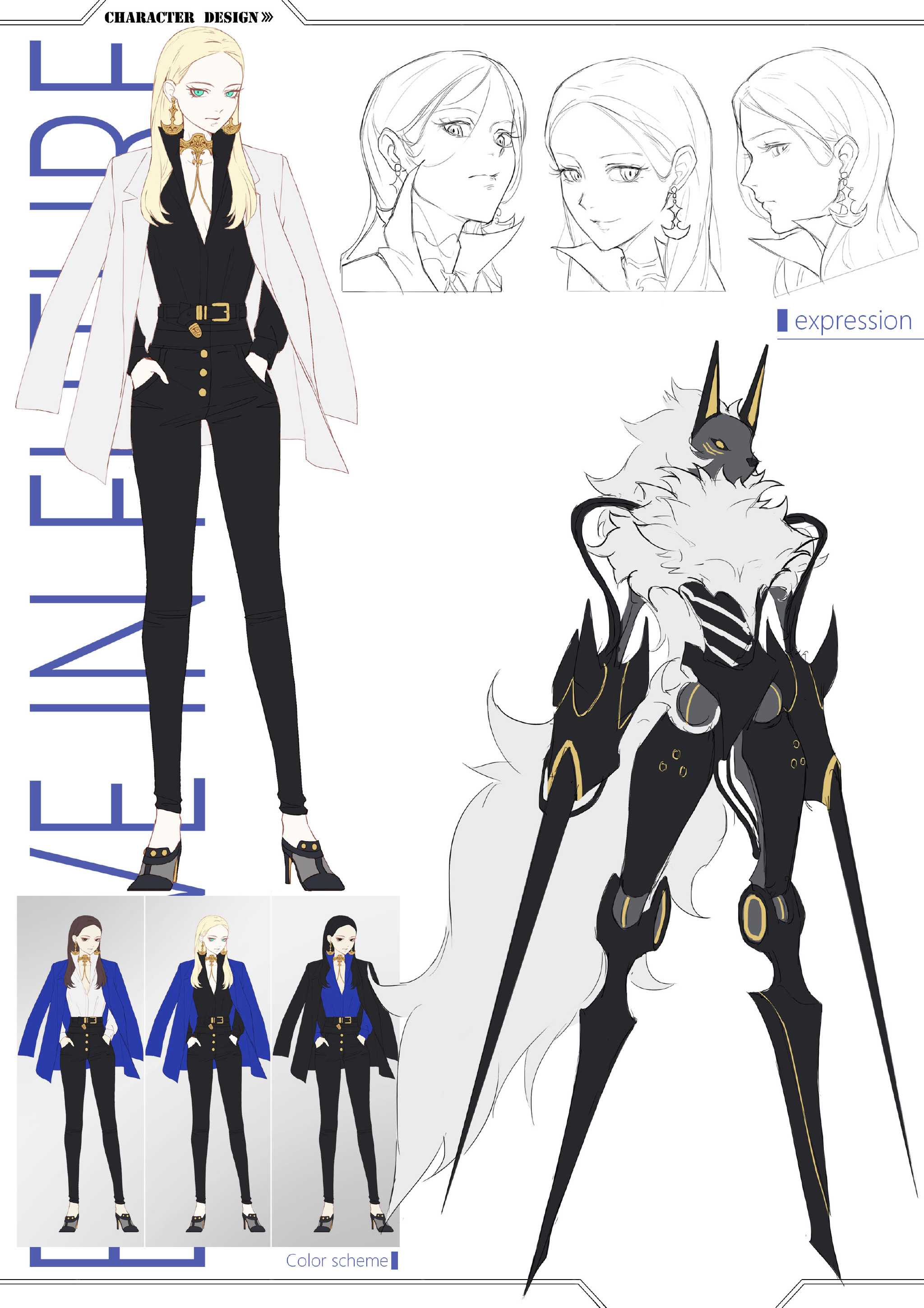 this is a character design sheet for a female anime character named "eveline". the sheet includes the character's full body design in a white suit jacket and black pants with golden accents, as well as various expressions and color schemes. the character is also shown with a robotic wolf companion that appears to have sharp claws and a long tail. the design is very detailed and includes various elements of fashion, technology, and nature. the character's pose and expression are dynamic and full of energy. the overall design is visually appealing and wellexecuted.