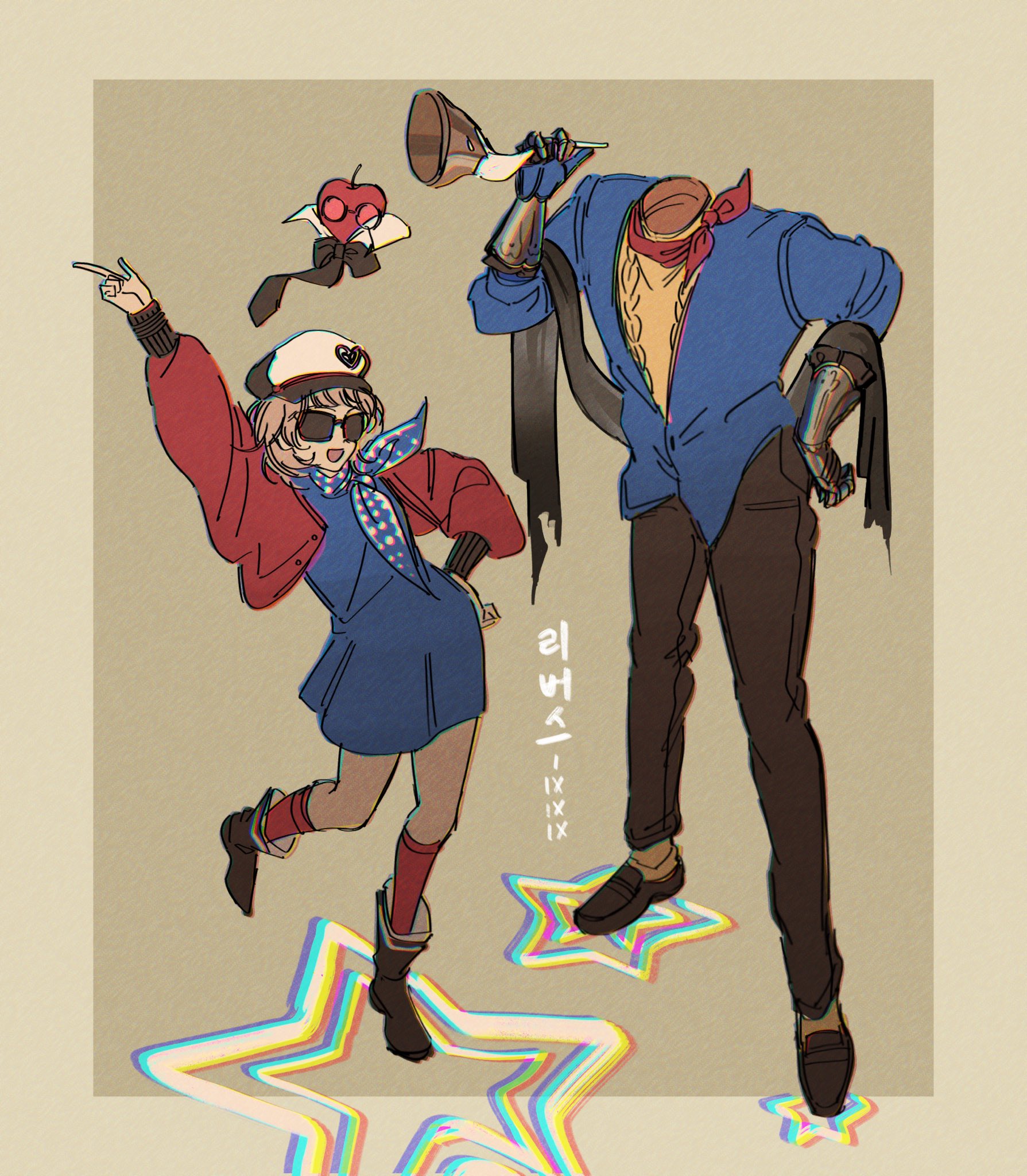this is an illustration of a girl and a boy dancing together. the girl is wearing a red jacket and a blue skirt, while the boy is wearing a blue shirt and brown pants. both have their hands up in the air, and they both have a cheerful expression.  behind the girl and boy are colorful stars, making it look as if they are on a stage. the boy is headless and has robot arms.