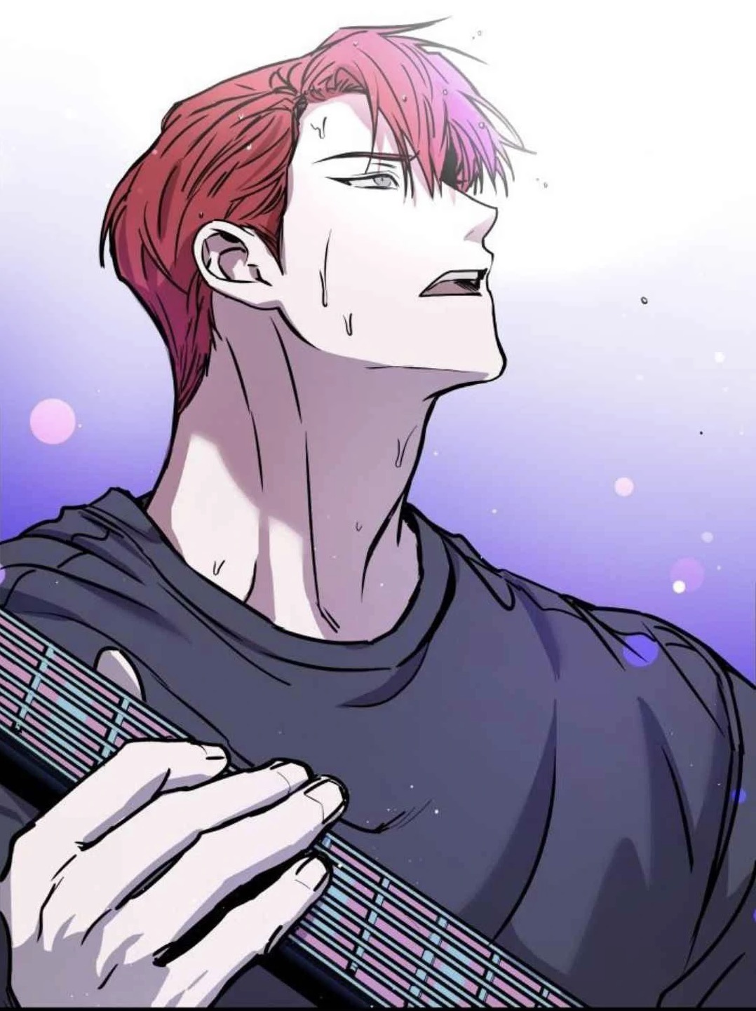 the image is a closeup illustration of a young man with vibrant red hair. he appears to be a musician, holding an electric guitar. his expression is intense and emotional, possibly suggesting a moment of performance or deep feeling. the art style is reminiscent of manga or anime, with bold lines, dramatic shading, and expressive use of light and shadow. the color palette is predominantly cool tones, with the red hair standing out against the purplish background. the overall mood is dramatic and captivating.