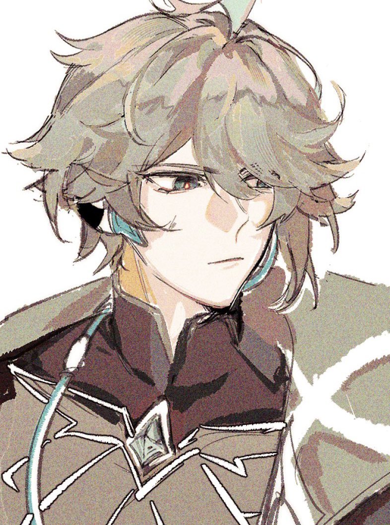 the image is an animestyle illustration of alhaitham from the game genshin impact. he is depicted from the shoulders up, showcasing his light green, layered hair and a single visible red eye. turquoise accents are present in his hair accessories and clothing details. he wears a detailed outfit with geometric designs and has a serious expression. the artwork is stylized with noticeable linework.