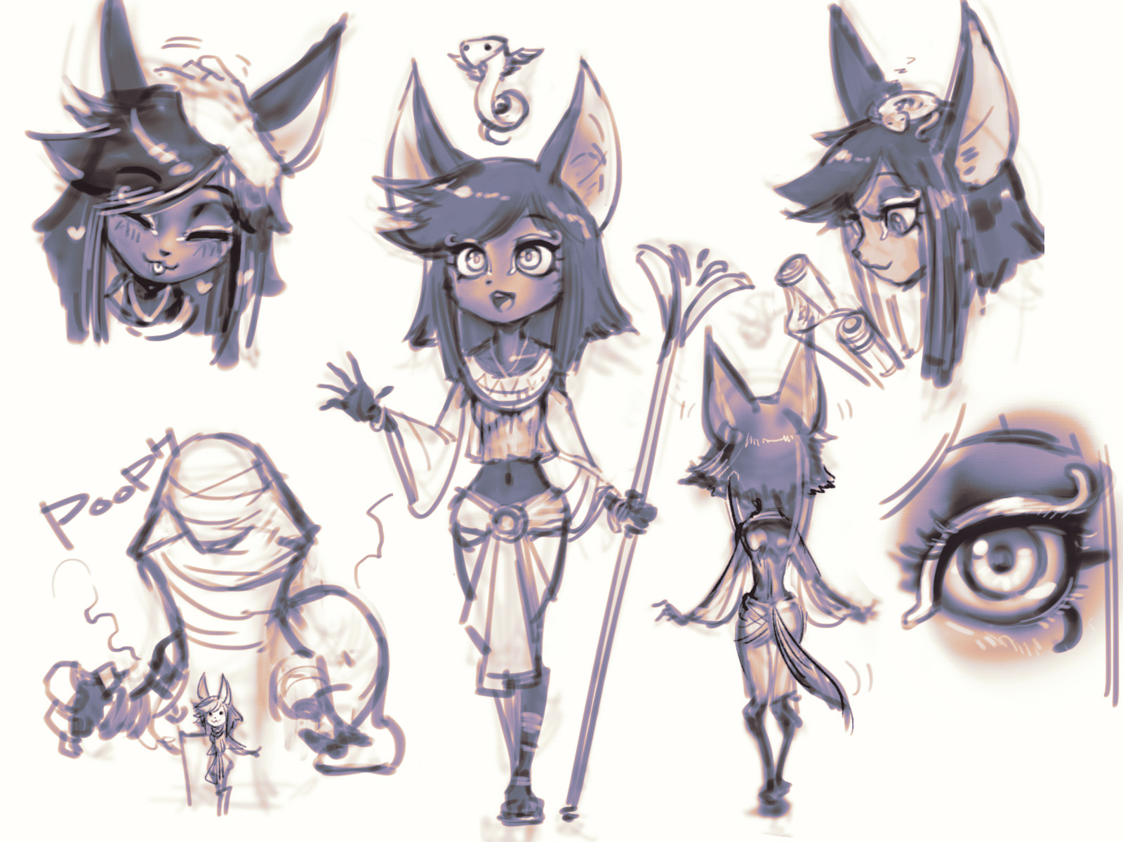 a digital drawing of various anime characters in different poses, all with cat ears and whimsical features. some are wearing egyptianinspired outfits. one character is holding a staff and another is wearing a mummylike wrap.
