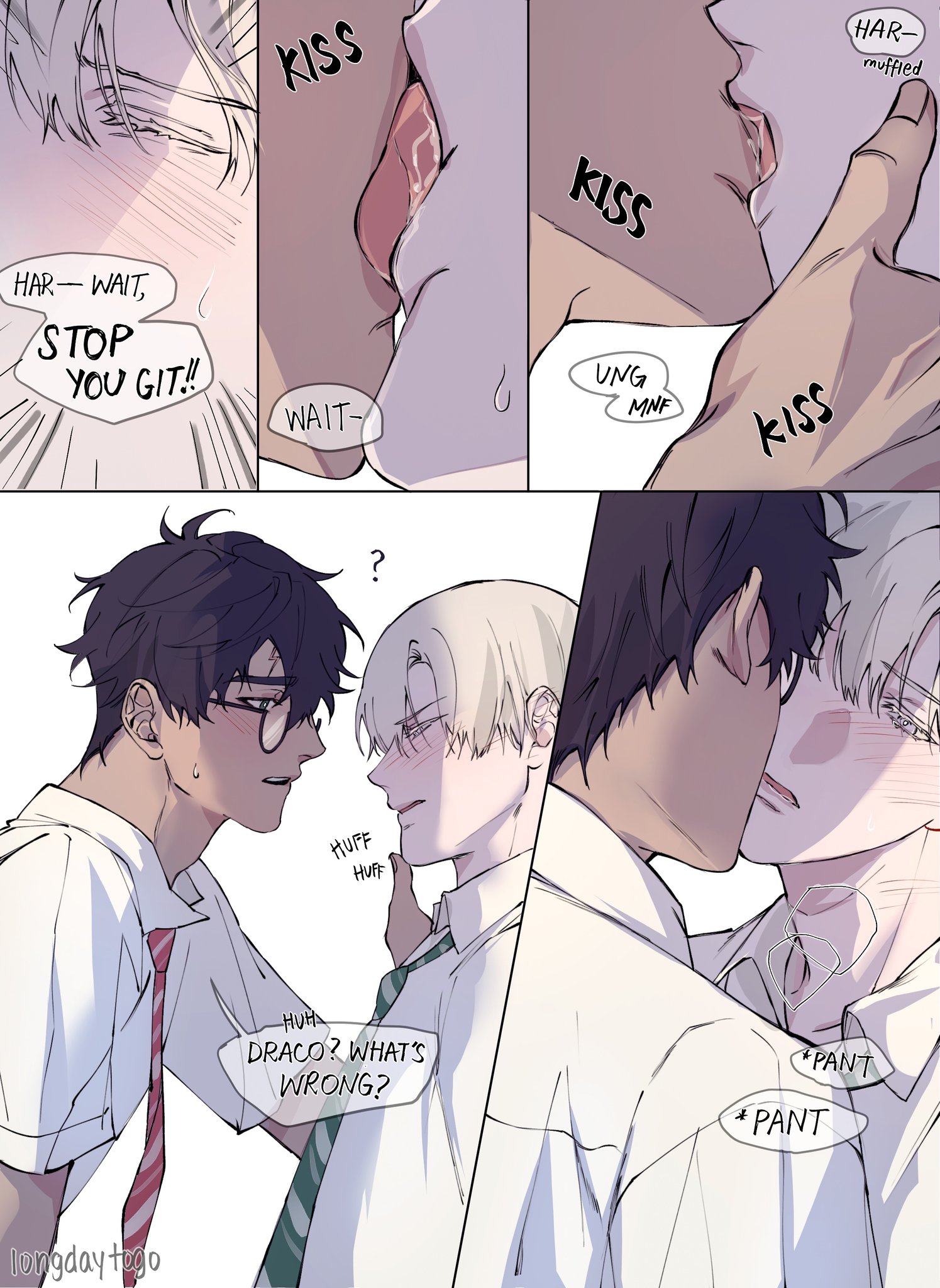 the image is a series of panels from a yaoi (boys' love) manga or manhwa. it depicts two young men, one with dark hair and glasses and the other with light hair, engaged in intimate moments. the first panel shows a passionate kiss between two individuals in a similar style; the subsequent panels focus on the darkhaired man and lighthaired man, showcasing a blend of affection, tension, and possibly a hint of conflict or disagreement, as suggested by the dialogue bubbles ("stop you git!", "what's wrong?"). the art style is soft and detailed, focusing on emotional expression through facial expressions, blushing, and body language. the scene appears to be set in a school setting given the characters’ school uniforms. the image is heavily suggestive of romantic and sexual tension between the two main characters.