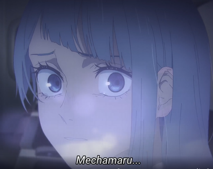 the image shows a closeup of a young woman with blue hair. her expression conveys fear, concern, and anxiety, possibly sadness. the lighting is dim and soft, giving the image a melancholic tone.  the perspective is at eyelevel, creating a sense of intimacy with the character. the word "mechamaru" is written below, likely referring to someone she knows or a situation she's involved in.