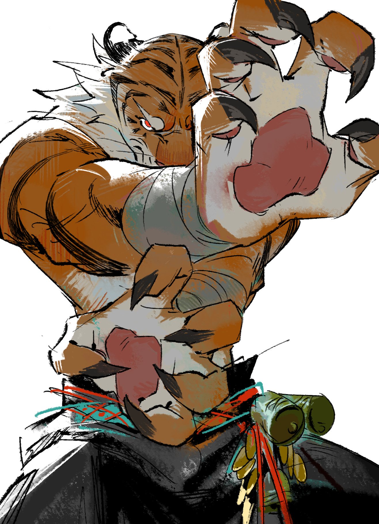 a fierce tiger warrior, anthropomorphic with humanlike features, lunges forward with claws extended, ready to strike. the dynamic pose and dramatic lighting emphasize the power and aggression of the warrior. the tiger wears wraps around its wrists and carries a pouch of explosives at its hip. the art style is expressive and energetic, with bold lines and vibrant colors.