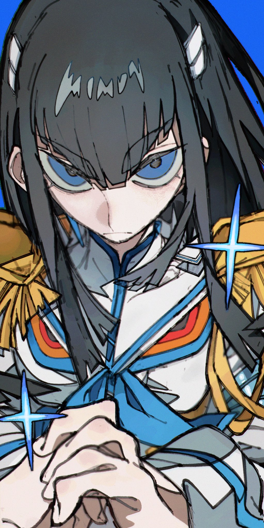 an anime girl with long black hair and blue eyes is wearing a white shirt with a blue ribbon and a yellow collar. her fist is clenched and she has a serious expression on her face. the background is blue.