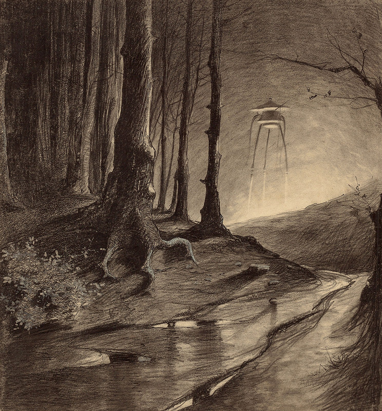 a sepiatoned drawing of a ufo in a forest. the ufo is in the background, and the foreground is a stream with trees on either side. the lighting is low key, and the overall mood is one of mystery and suspense.