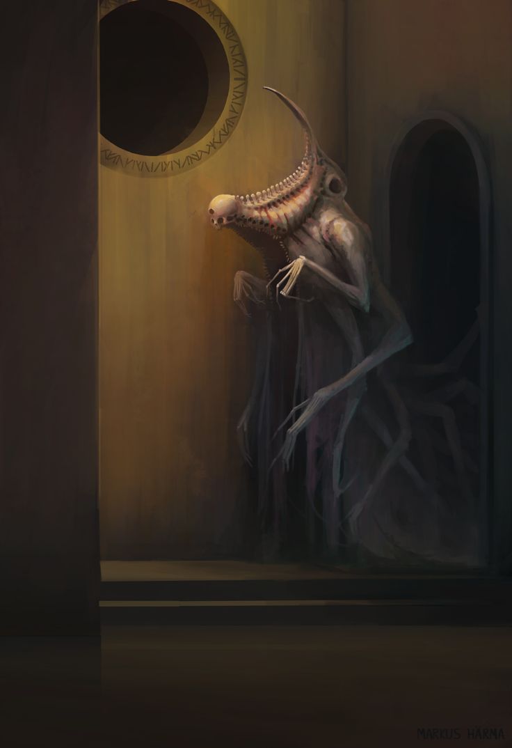 a horrifying skeletal humanoid monster, with a long, skinny neck and several long bony fingers, stands inside a dark doorway, looking out toward the viewer. the monster is pale, gaunt and shadowy. it is standing in a dimly lit hallway, with a circular decorative design on the wall behind it. the walls are dark and the floor is shadowed, adding to the eerie feeling of the image. the monster appears to be watching the viewer, its face is not visible but it seems to be filled with a dark and sinister presence.