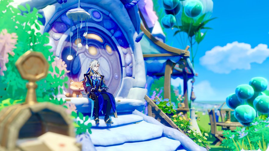 the image is a digital illustration or render from the video game genshin impact, featuring one of the main characters, either aether or lumine (the traveler).  they are sitting on the steps of a whimsical, pastelcolored house, accompanied by a small fox.  the house is uniquely designed with a large, circular door and adorned with various magicallooking decorations. the overall scene is bright, peaceful, and fantastical, with a sky filled with light clouds and several floating, iridescent balloons.  there are flowers and greenery surrounding the house, contributing to the serene and idyllic atmosphere. the style is distinctly animeinspired.  a partially visible mailbox in the foreground suggests a sense of correspondence or messages.