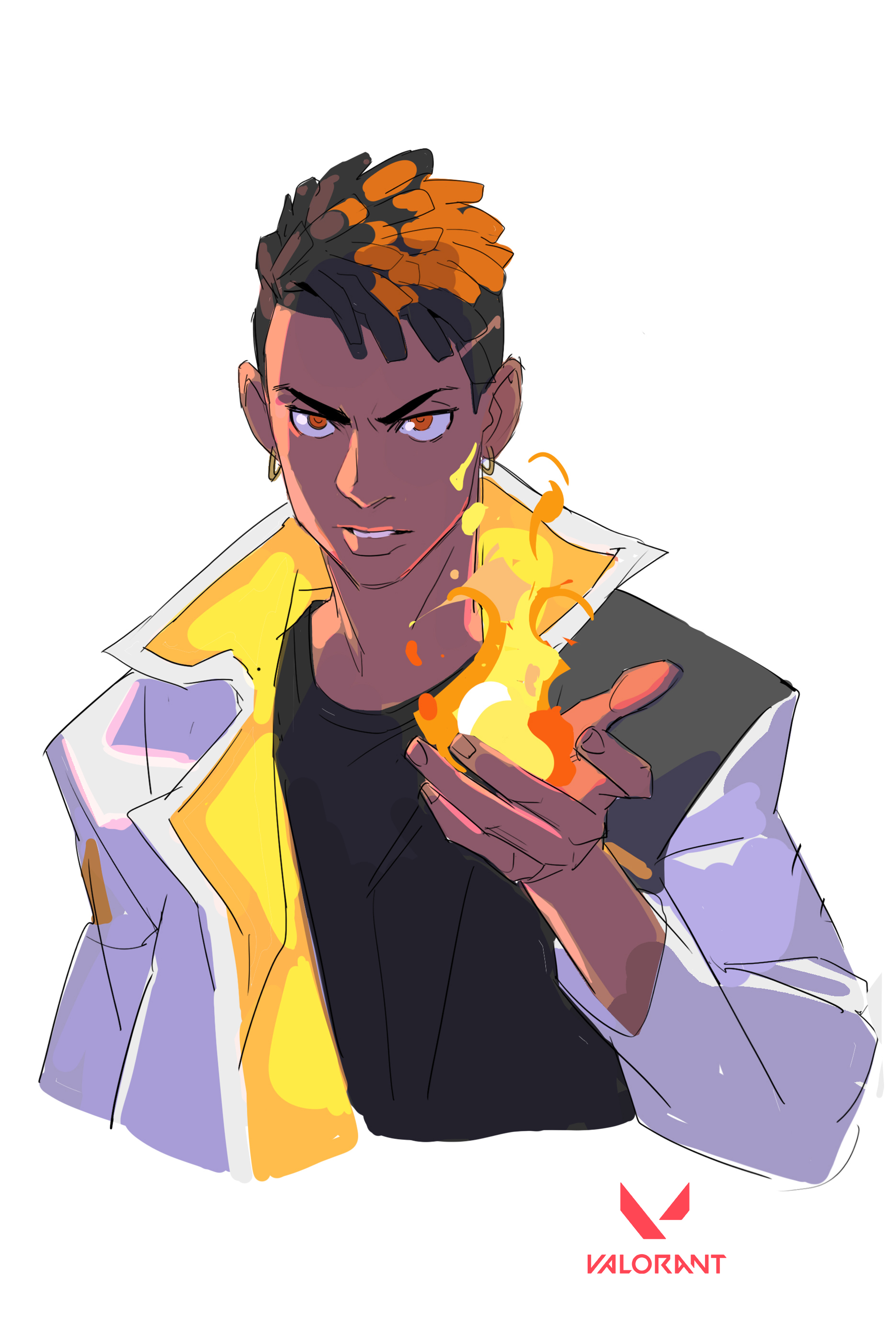 this is a digital fanart piece depicting a stylized male character, possibly from the video game valorant. the character has orange and black braided hair, is wearing a yellow and white jacket over a black shirt, and appears to be holding or generating a small ball of fire in his hands. the art style is stylized, with bold colors and lines, reminiscent of anime or manga illustration. the character's expression is intense and focused, his gaze directed at the viewer. the background is plain white with only the valorant logo at the bottom. the overall impression is one of power and intensity.