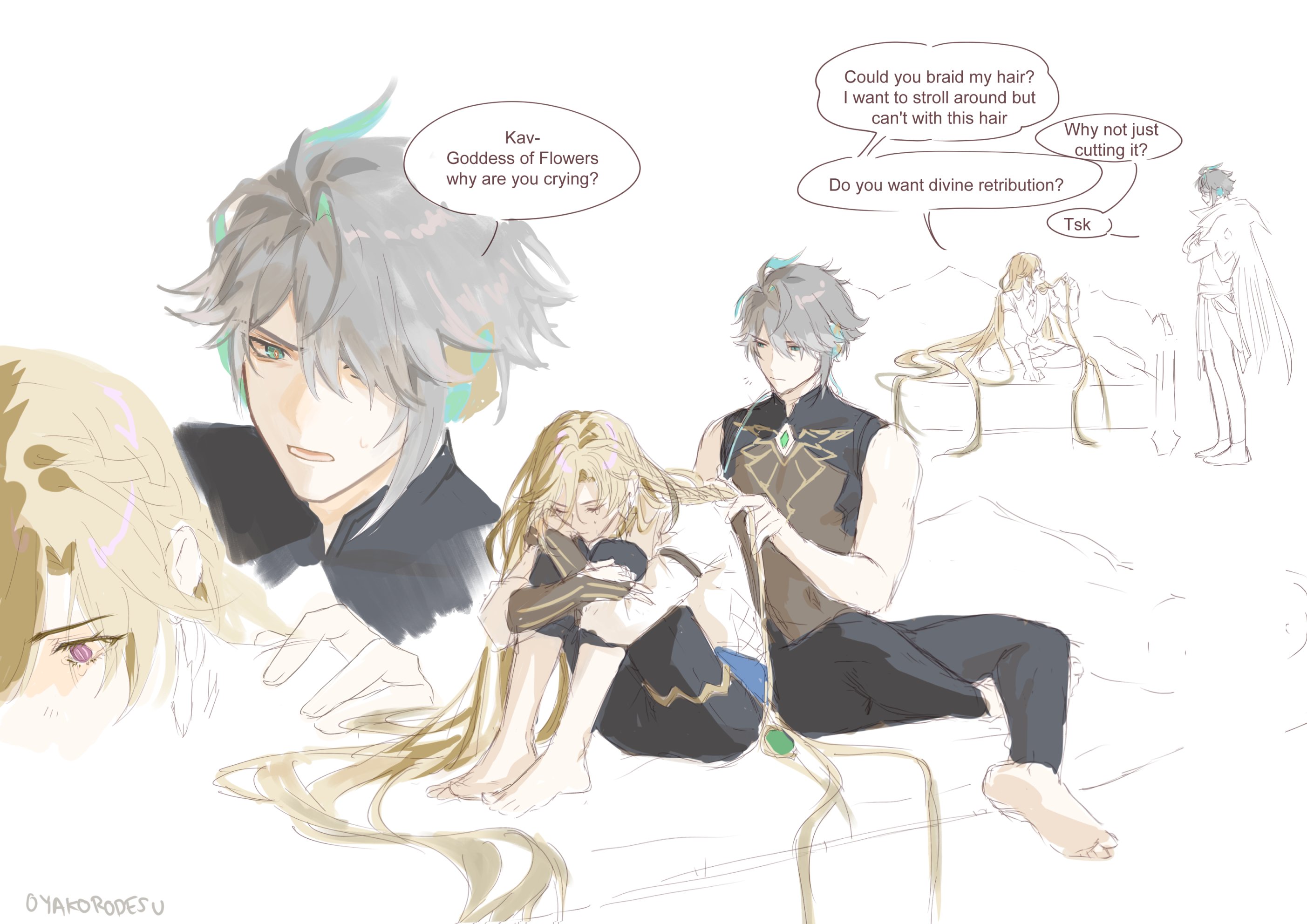 this image is a digital illustration of four anime characters, all young men. the characters have long flowing hair and are in various stages of dress and undress. one character is crying and is surrounded by the other three.