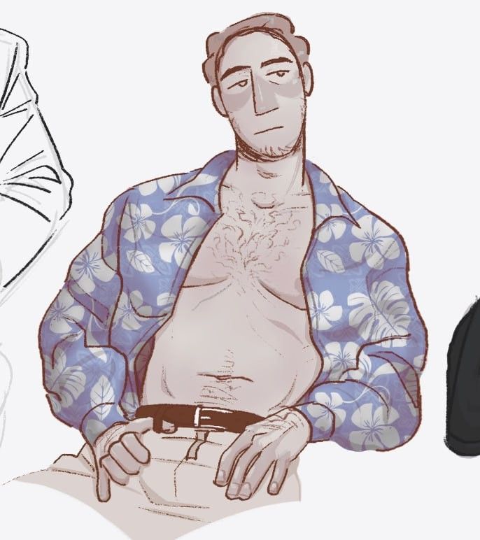 a digital art illustration of a man in a hawaiian shirt and beige pants sitting with a relaxed posture and looking towards the viewer. he has a beard and a slightly furrowed brow. the background is mostly white with a faint outline of another person on the left and a black piece of fabric on the right. the style of the art is reminiscent of anime or manga.