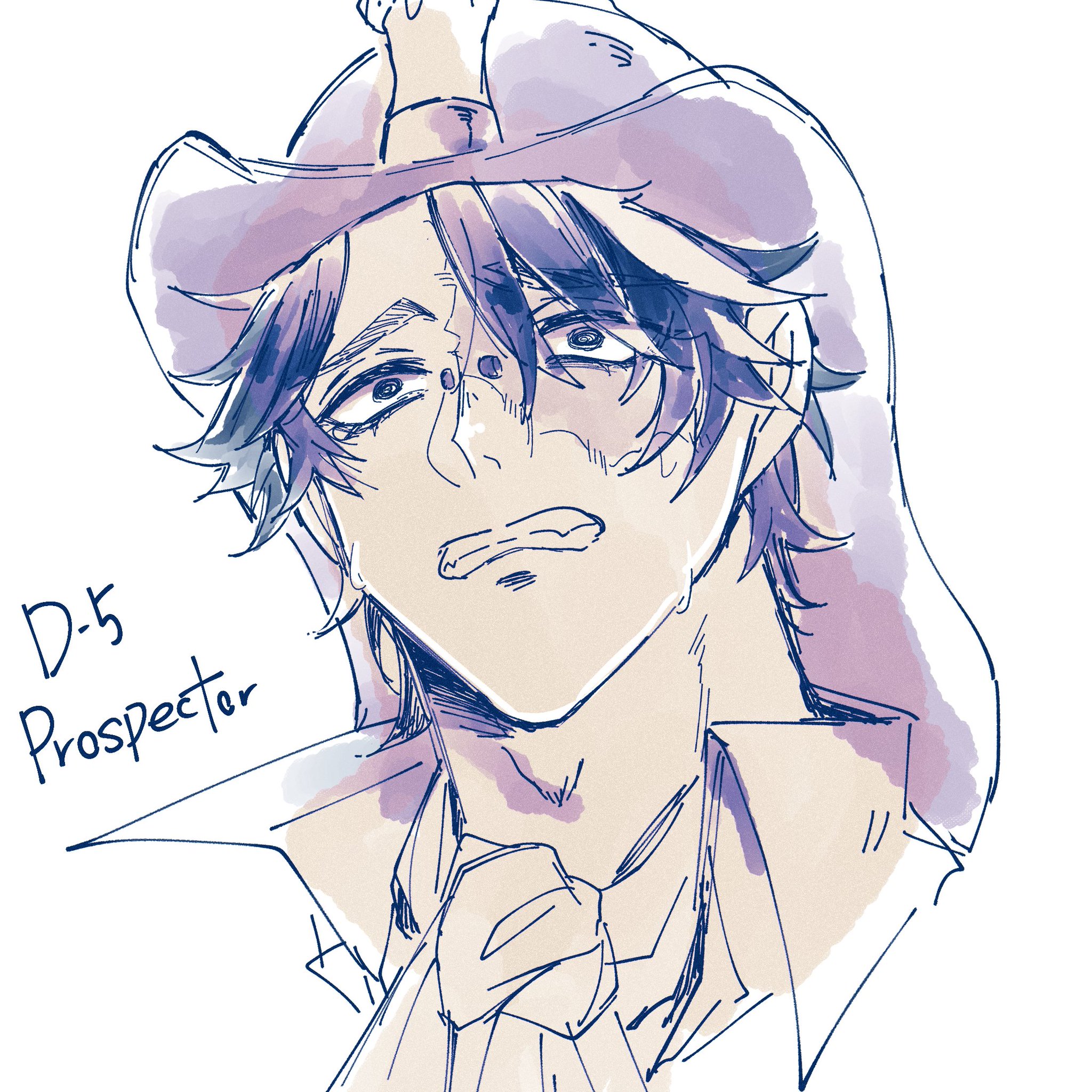 a drawing of the d5 character from identity v, a mobile game. the character is a young male with black hair, drawn in a realistic anime style, sporting a purple hat and coat. he has a sorrowful expression, with tears streaming down his face, and his hands clutched at his shirt collar. the drawing uses soft colors and watercolor textures. the text "d5 prospector" is written below the character's face, indicating his identity in the game.