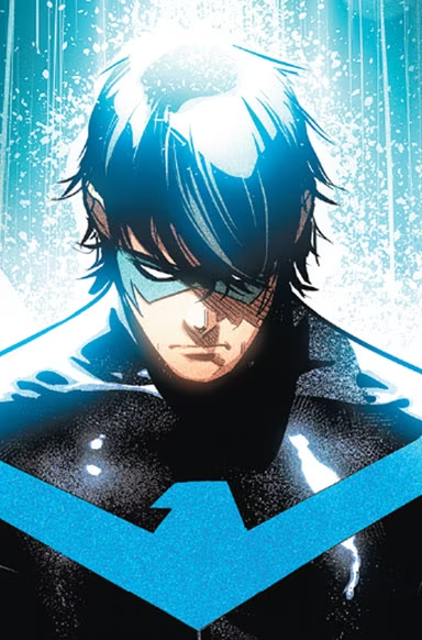 the image showcases a closeup portrait of the dc comics superhero nightwing. his face, framed by his signature black hair with blue streaks, is the central focus, illuminated by a bright light source from above.  the dramatic lighting emphasizes the contours of his face and the intensity of his gaze.  he wears his iconic black and blue costume, the "r" emblem prominently displayed across his chest. the background is dark and features streaks of white, reminiscent of heavy rain, further enhancing the somber and brooding atmosphere.