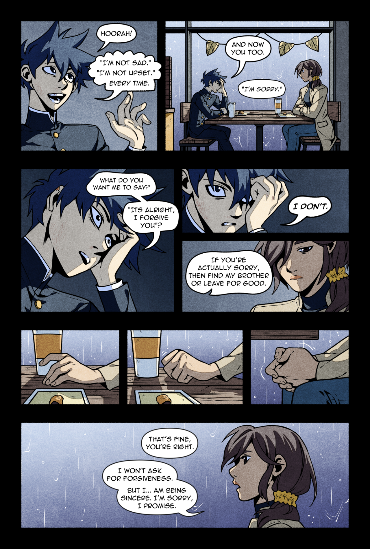 a sixpanel comic depicts a tense conversation between a young man and woman at a bar on a rainy night. the man, initially jovial, becomes frustrated as the woman demands a specific apology. he struggles to express his remorse sincerely, leading to her ultimatum: find her brother or leave for good. the final panel shows the woman's somber expression as the man promises to make things right.