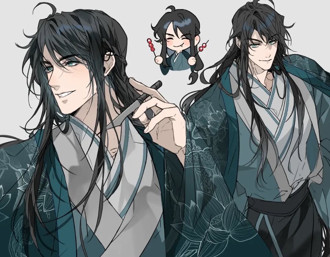 the image showcases a detailed digital drawing of an animestyle male character.  he is depicted twice; once in a closer, more intimate view possibly focused on his face and upper body, and once in a slightly wider view showing more of his clothing and stance. he has long, dark hair and is wearing a teal hanfu, a traditional chinese outfit, decorated with a subtle lotus flower pattern. his expression is calm, almost smirking.  a smaller illustration of a chibistyle version of the same character is included in the top center, holding what appears to be a traditional chinese candy. the style of the art is reminiscent of both anime and more painterly digital illustrations, presenting a sophisticated and visually appealing composition. the overall tone is serene and somewhat mysterious.