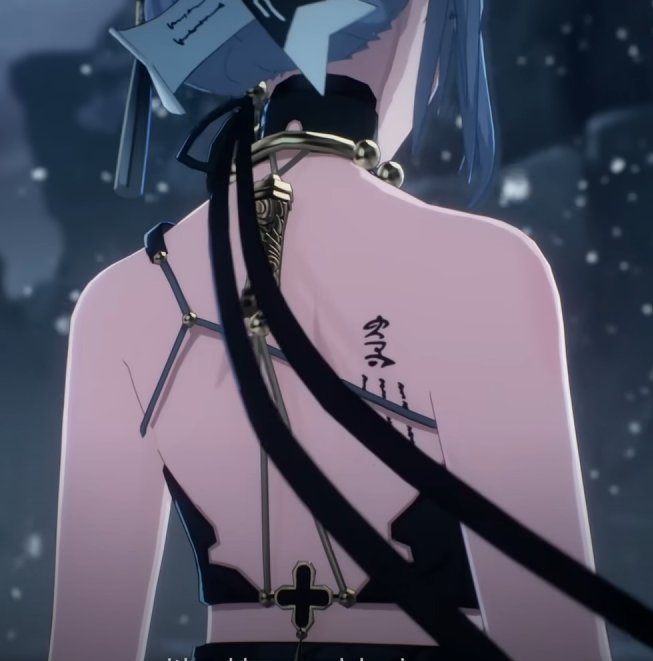 a closeup, rear view of a woman with blue hair. she has a large intricate tattoo on her back, a black choker, and a black outfit. the environment is snowy.