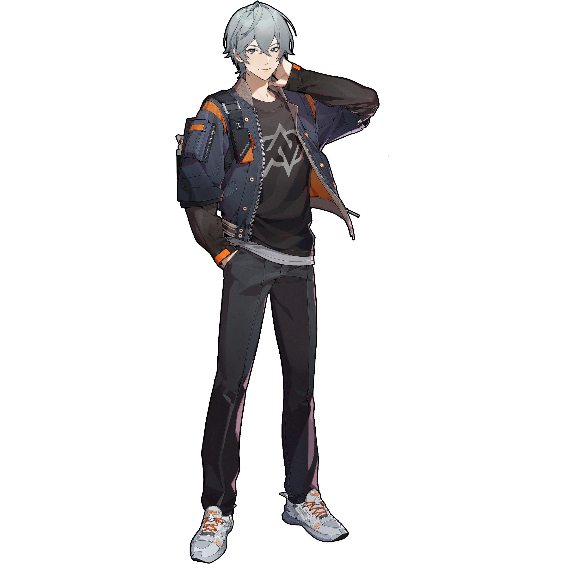 the image is a fullbody illustration of a young animestyle male character. he has short, silverygrey hair and is dressed in casual attire consisting of a darkgrey denim jacket with orange accents, a black tshirt with a stylized emblem, darkgrey trousers, and light grey sneakers with orange details. his pose is relaxed and slightly confident, with one hand resting behind his head.  the background is plain white, isolating the character. the art style is clean and detailed, indicative of a video game character design or fanart.