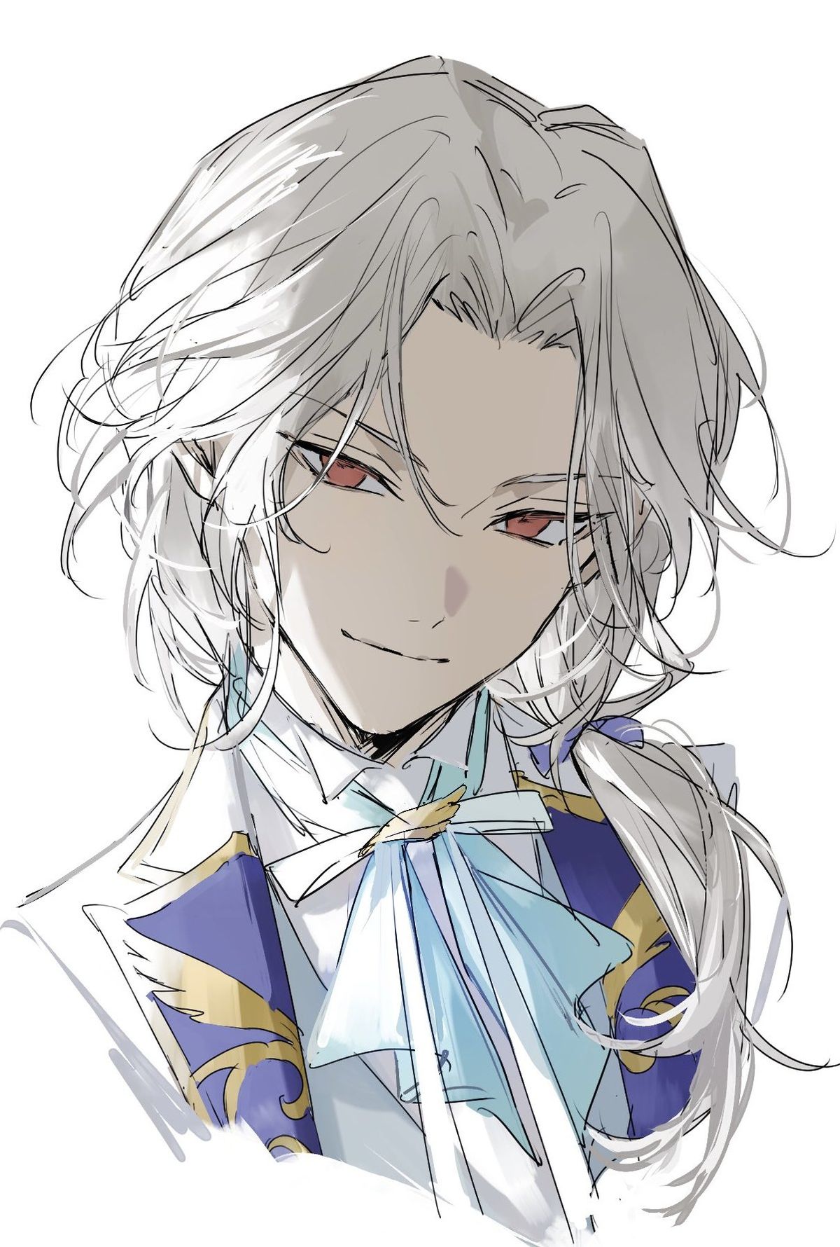 he image is an animestyle illustration of a young man with long, flowing white hair and striking red eyes. he has a subtle smirk on his face, suggesting a confident or perhaps slightly mischievous personality.  he is dressed in an elegant outfit that includes a dark blue coat with gold detailing, a crisp white shirt, and a light blue bow tie. the style is clean and detailed, with a focus on the character's features and clothing. the background is plain white, drawing attention solely to the figure. the overall aesthetic is one of beauty and sophistication.