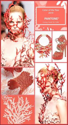 a collage of images showcasing the pantone color of the year 2019  living coral. the images depict various coralinspired designs, including a model adorned with coral jewelry and a coralcolored shoe. the collage highlights the vibrant and energetic nature of this color, showcasing its versatility and captivating aesthetic.