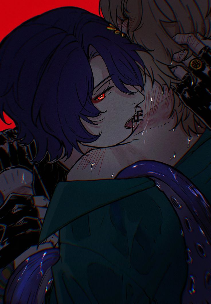 the image is a piece of digital fanart in anime style, depicting a passionate and somewhat violent scene between two young men. the character on top has purple hair and red eyes and is biting the neck of the character underneath. the character underneath has blonde hair and shows signs of injury on his neck and chest. the overall aesthetic is dark and intense, with a strong focus on the emotional tension between the characters. the lighting and color scheme emphasize the mood, highlighting the close proximity and suggestive nature of the interaction.  the style leans toward a yaoi/bl aesthetic, implying a romantic or intimate relationship between the subjects, however presented in a violent context.