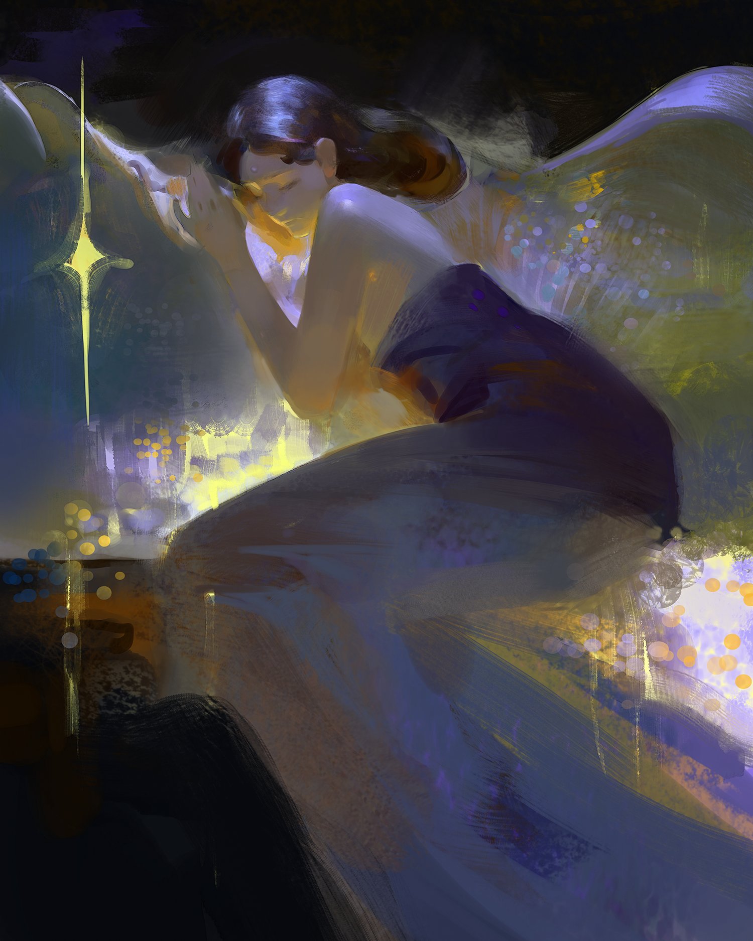 a woman with flowing hair sleeps on her side, her head resting on her hand. she is shrouded in a soft, ethereal light, and her wings are outspread behind her. the scene is bathed in shades of blue, purple, and yellow, and the air is filled with a sense of peace and wonder.