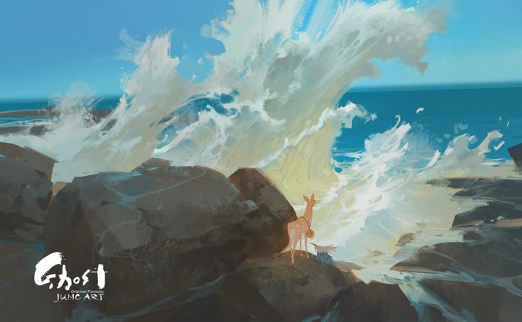 a painting of a deer and a bird standing on a rocky shore as a large wave crashes behind them.