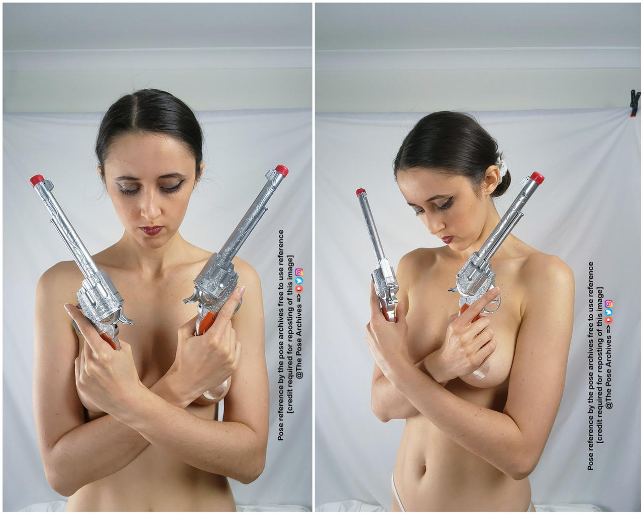 the image showcases a woman posing against a white backdrop. she holds two silver revolvers in her hands, positioned centrally in the frame. the woman's attire is minimal, with her torso bare and her hair styled in a sleek bun. the soft lighting accentuates her features and the metallic sheen of the guns.