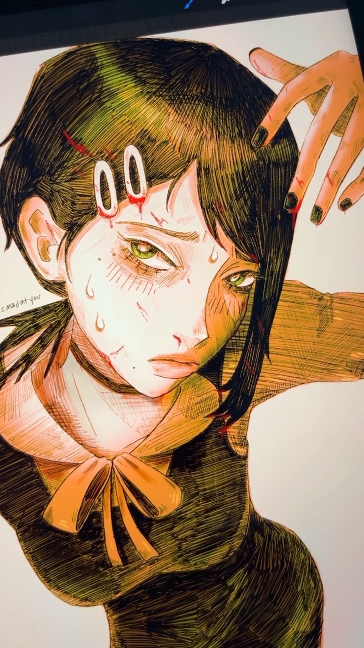 the image is a closeup, stylized illustration or digital drawing of a young woman.  she appears to be an anime or mangastyle character with dark, slightly messy hair. her expression is one of distress or pain, and she has visible scratches and what seems to be blood on her face and body.  she's sweating and has a strained expression in her eyes.  the style is heavily textured, using crosshatching and shading techniques reminiscent of pen and ink work.  she's wearing a darkcolored dress with a white collar and an orange bow. two small numbers "00" are visible on her forehead. one of her hands is raised, while the other seems to be resting on her shoulder or hair. the overall tone is dark and emotionally charged. the background is a light, neutral color that allows the character to stand out prominently.