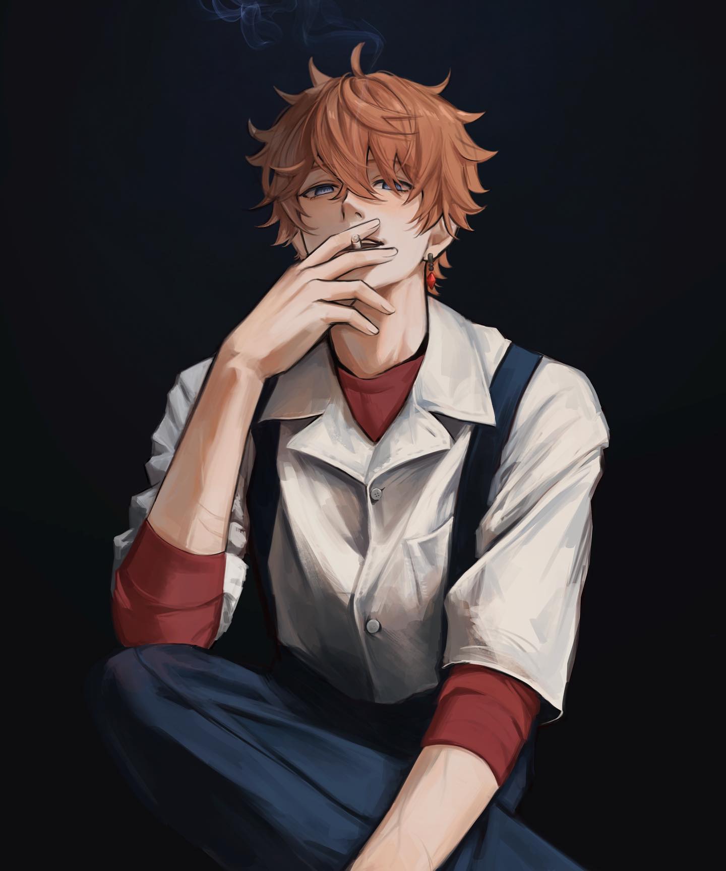this digital illustration portrays a stylish anime boy with red hair and piercing blue eyes. he is casually dressed in a white buttondown shirt, red undershirt, blue pants, and suspenders. he is holding a cigarette in his hand, exhaling a plume of smoke, and looking directly at the viewer with a bored, nonchalant expression. the illustration is rendered in a soft, painterly style and is set against a dark background, creating a moody and stylish atmosphere. the character's posture and facial expression convey a sense of relaxed coolness and boredom, suggesting a confident and perhaps slightly rebellious personality.