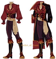 two drawings of male fantasy outfits showcasing the front view of long coats with intricate detailing. the outfit on the left shows the full outfit without the coat, while the outfit on the right layers the coat over a similar outfit. both outfits share design elements in the trousers, cravat, and boots.