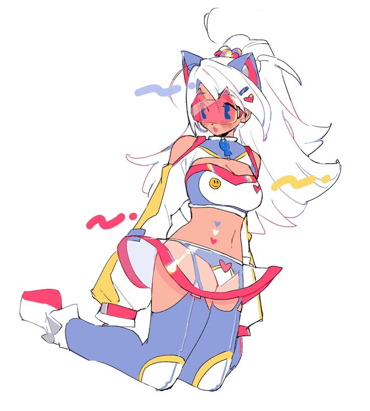 the image is a digital illustration of an anime girl with white hair and red eyes. she's wearing a pink and blue outfit with a white and yellow jacket. she has a red headband, white boots, and cat ears. her outfit has yellow hearts and a happy face. her eyes are big and she has pink blush. she is smiling and looks happy. she has a ponytail and is wearing a red headband. the background is white.