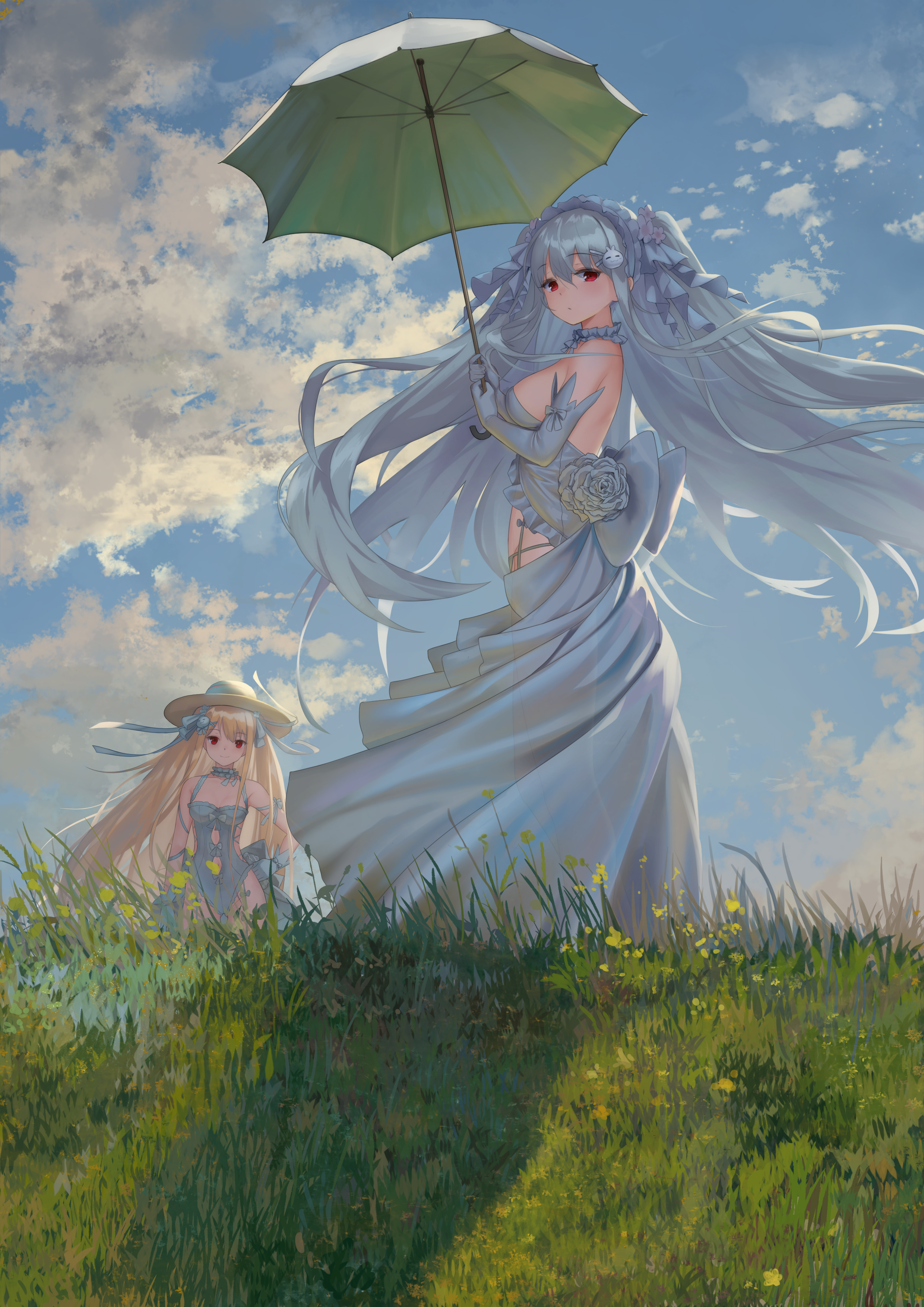 the artwork features two animestyle girls. a taller girl with long silver hair is wearing a flowing light blue gown, holding a green umbrella. she has flowers in her hair and gloves.  a shorter blonde girl in a straw hat and a blue dress is standing in the grass in front of her. the setting is an outdoor field of grass and wildflowers under a bright blue sky with fluffy white clouds. the style is painterly and dreamy. the overall feel is whimsical and magical.