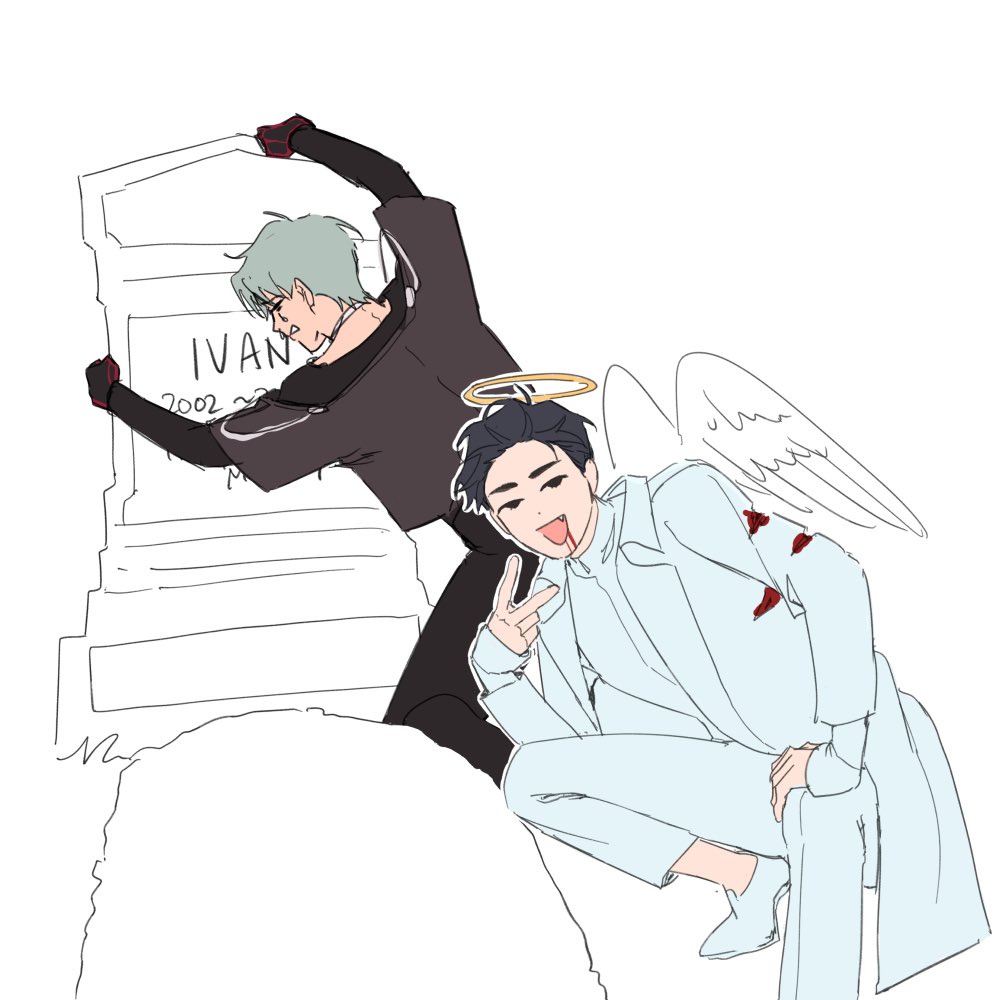 a digital illustration of two anime men. one is an angel with a halo and wings, and the other is a devil. the devil is standing on a tombstone.  the angel is sitting in front of the tombstone. the angel has a blood stain on his white coat. the devil is sticking his tongue out.  they are both smiling mischievously.