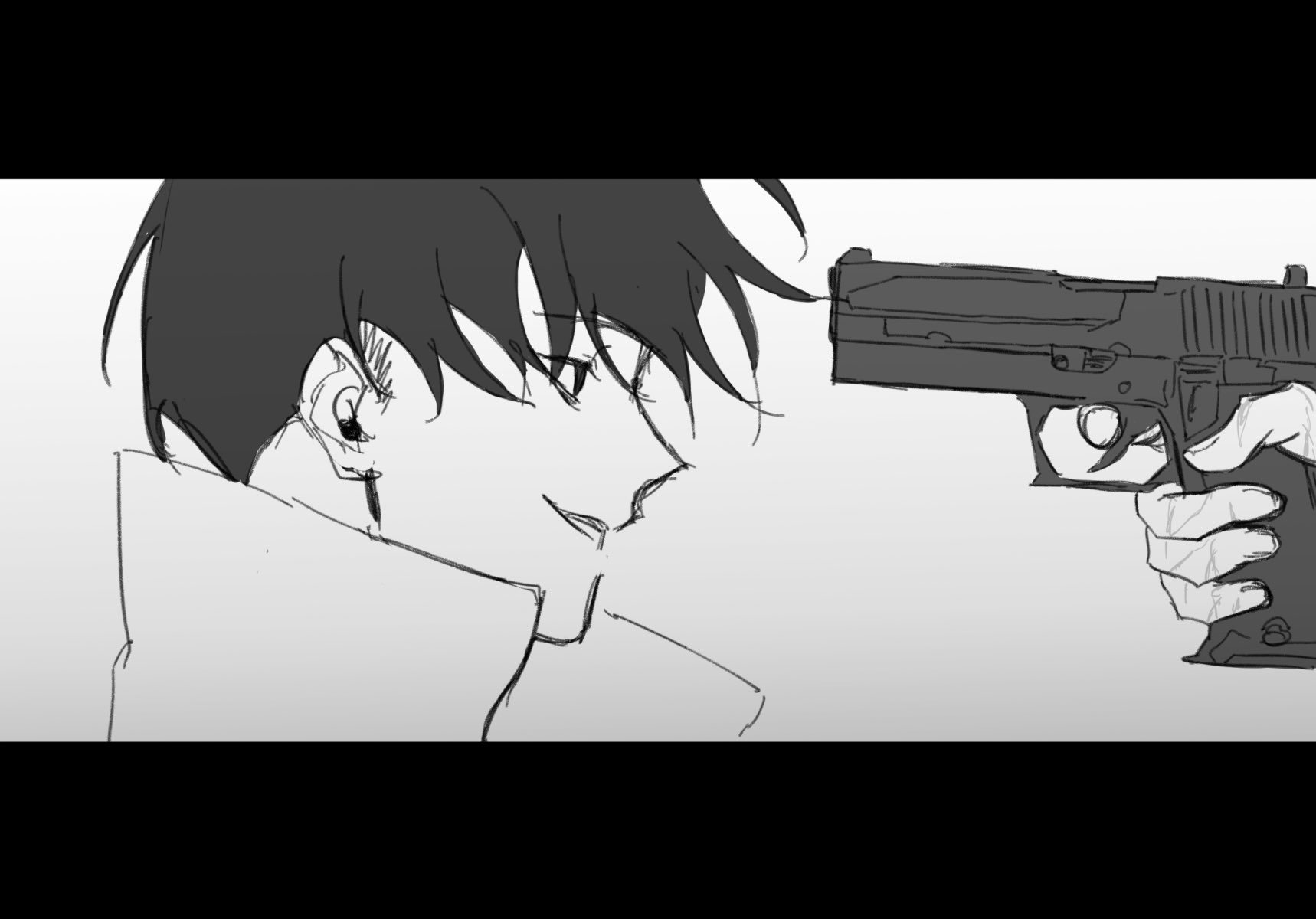 a black and white drawing of an anime character with a gun pointed at their head. the character is shown in profile, with their hair covering their face, making it appear as if they are in deep despair and on the verge of suicide. the drawing is done in a simple style, with rough lines and shading. the image is dark and brooding, and it evokes a sense of sadness and despair. the use of the gun as a central focus suggests violence and danger.