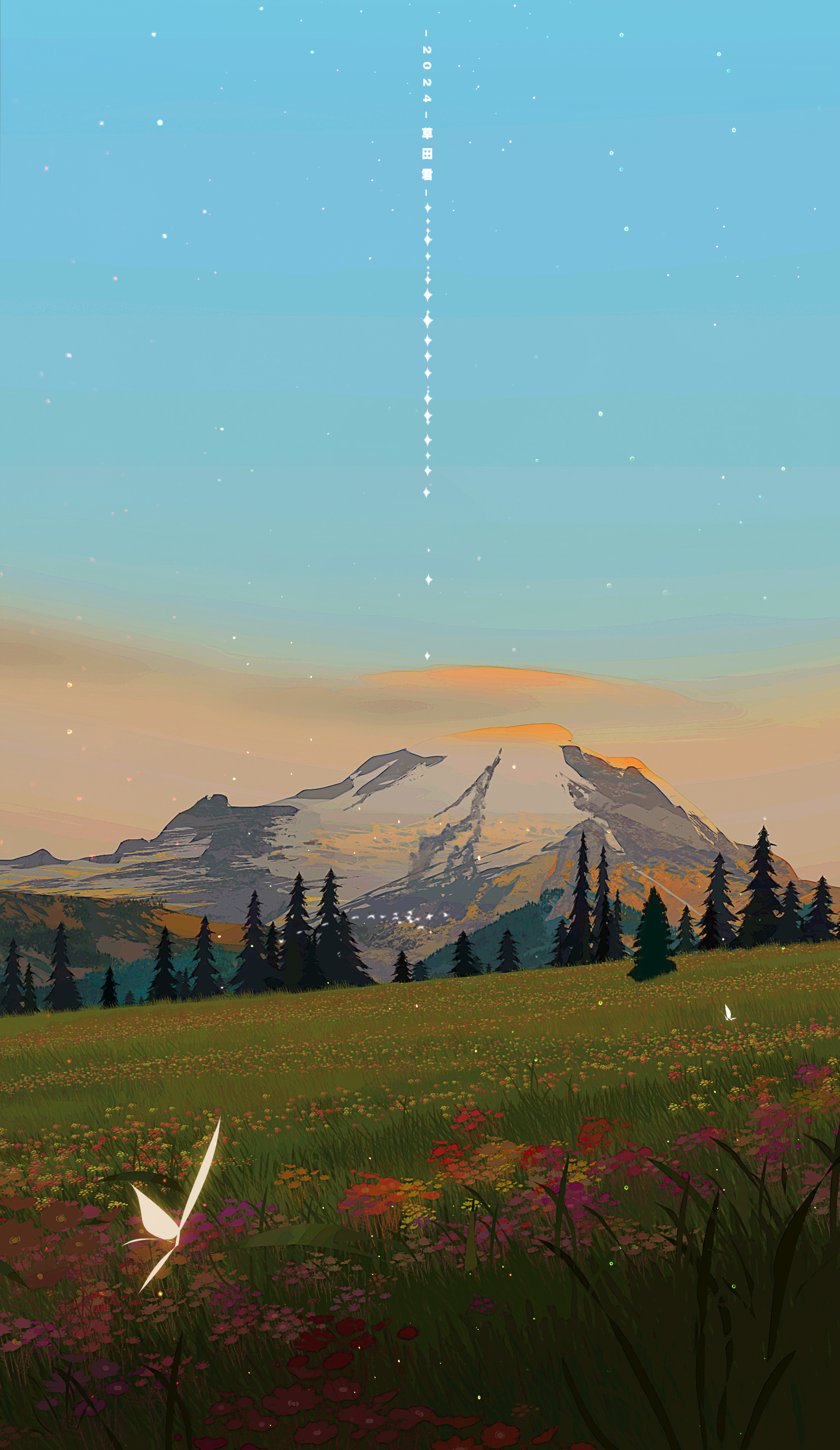 the image showcases a captivating mountain vista bathed in the warm glow of sunset. a snowcapped mountain dominates the background, its slopes tinged with the golden hues of the setting sun. the foreground is a vibrant meadow, teeming with a colorful array of wildflowers. towering evergreen trees frame the scene, their dark silhouettes adding depth to the composition. a solitary white butterfly flutters gracefully amidst the wildflowers.  the sky above transitions from a deep blue to soft pastels, with delicate stars beginning to emerge. the overall atmosphere is one of serenity and tranquility, capturing the beauty of nature at its finest.