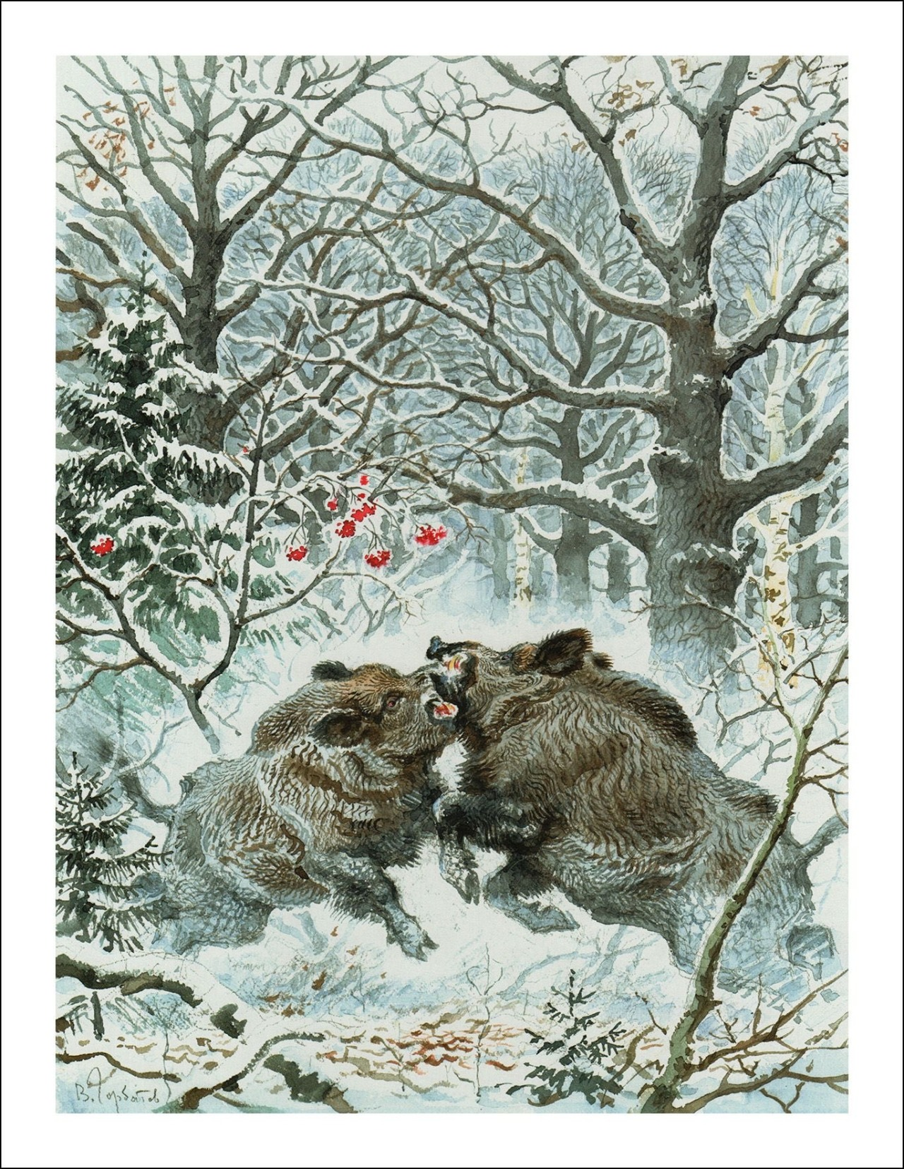 three wild boars are gathered together in a snowy forest. the boars are dark brown and black, with thick fur to protect them from the cold. the forest is covered in snow, and the trees are bare. there is a small bush with red berries in the background. the scene is peaceful and serene, capturing the beauty of nature in winter.