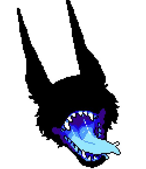 a pixel art image of a wolf's head with its mouth open and its tongue sticking out. the wolf's head is black and furry, with two pointed ears. the inside of its mouth is blue, and it has sharp white teeth. the tongue is light blue. the image has a pixelated style.