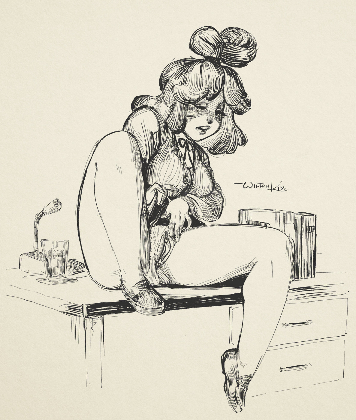 the image is a black and white ink drawing of an anthropomorphic character, strongly resembling rosalina from animal crossing, depicted in a suggestive pose. she is sitting on a desk in an office setting, her legs spread apart, and her hand is near her genitals.  the style is a blend of anime and pinup, with detailed shading and linework. the overall tone is sexually suggestive. there's a microphone and some glasses on the desk.  the artist's signature is visible.