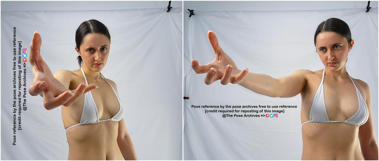 a woman in a white bikini top poses against a white background in two different photos. the photo on the left shows her with her right hand outstretched and palm up, while the photo on the right shows her with both hands outstretched and palms up. text on the images indicates that they are pose references free to use with credit.