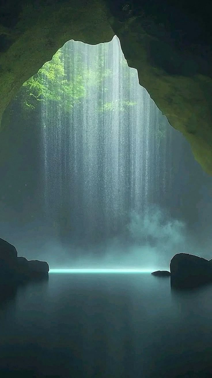 the image depicts a serene cave interior with a waterfall cascading down into a tranquil pool. sunlight streams through an opening, illuminating the water with a soft, ethereal glow. the cave walls are rugged and textured, adding to the natural beauty of the scene. mist hangs in the air, creating a dreamy atmosphere. rocks are scattered around the pool's edge. the overall scene evokes a sense of peace and tranquility.