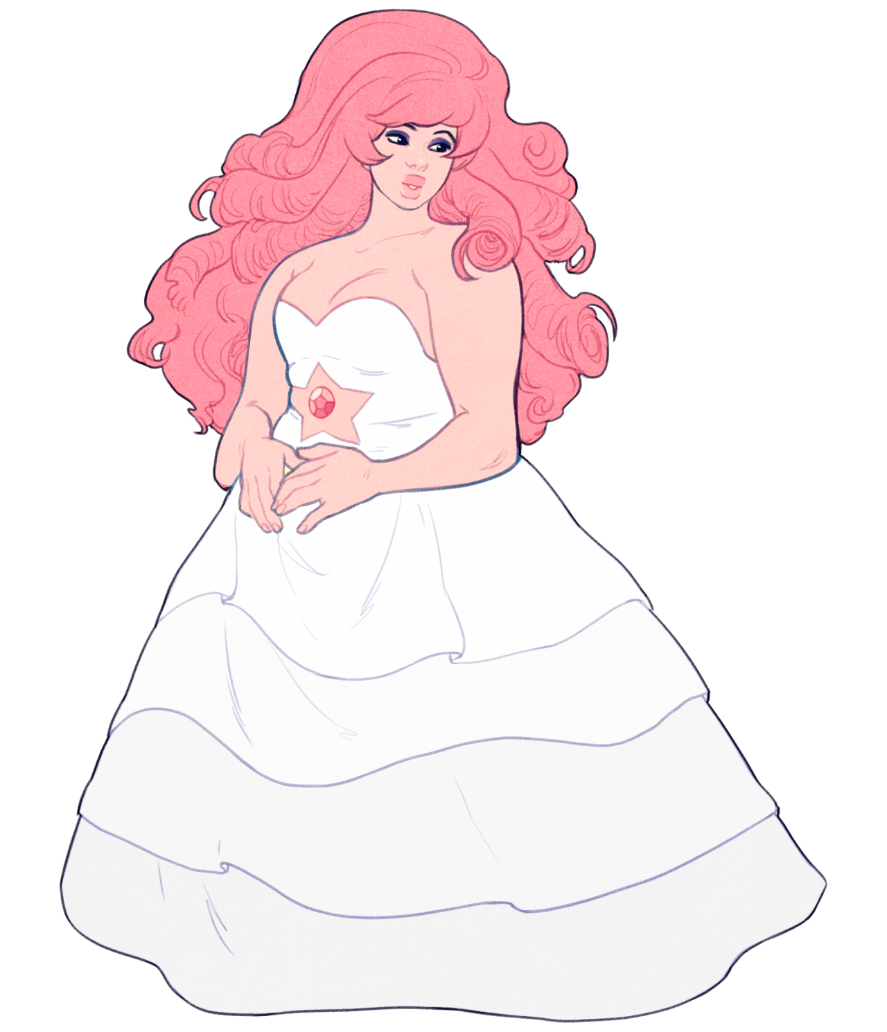 a digital drawing of rose quartz from steven universe, standing and facing forward in a white, strapless ballgown with her right hand resting on her stomach. her gem is visible in the center of her chest. her hair is long and curly and a pale pink. the lines of the drawing are thin and delicate.