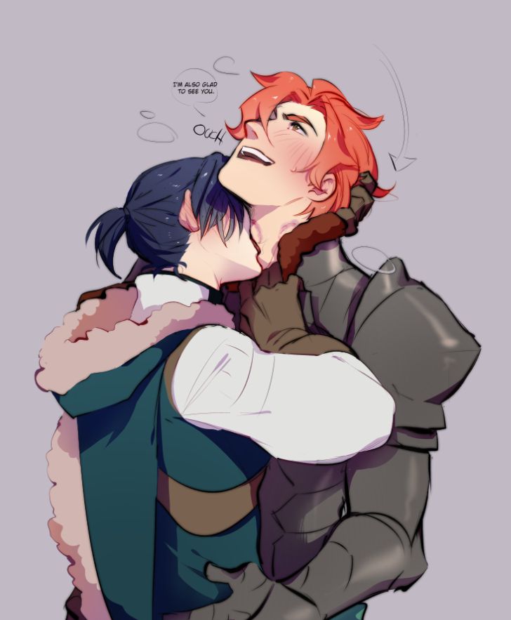 this is an anime illustration of two men in a loving embrace. one man, with red hair, is leaning back into the hug, smiling happily and blushing, while the other man, with blue hair, is holding him close and looking at him with a loving expression. the man with red hair is wearing armor, while the man with blue hair is wearing a blue and green outfit with a furry collar. they are both looking at each other with affection. there is a speech bubble above the man with red hair that says "i'm also glad to see you." the man with blue hair is saying "ouch" in a speech bubble. the overall mood of the image is happy, romantic and sweet.