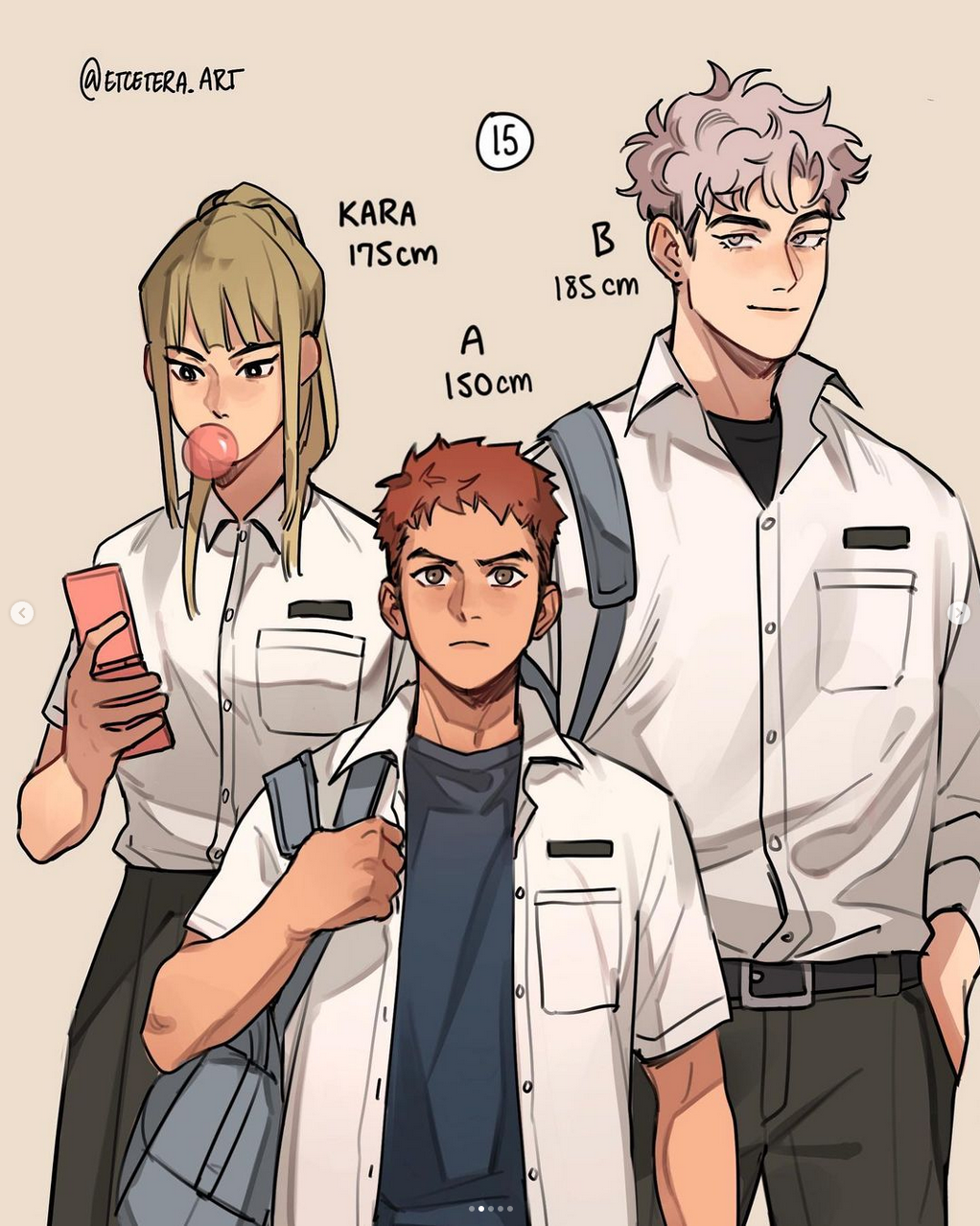 an animestyle height chart sketch of three high school students. they are all wearing white, shortsleeve, buttondown shirts. two are wearing black slacks with the shirts tucked in, while the female student is wearing a black skirt with her white shirt untucked.