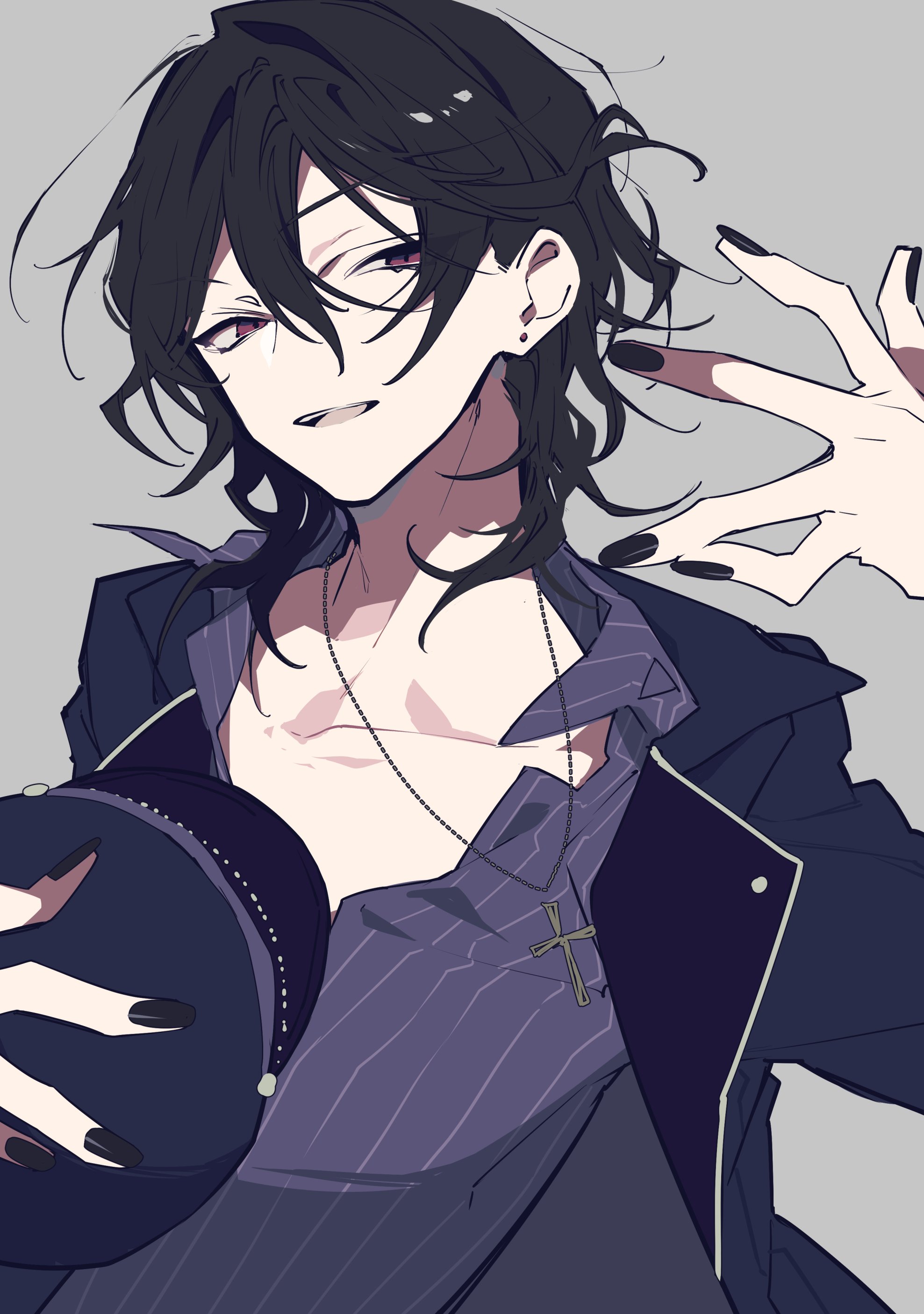 an anime style drawing of a darkhaired young man. he wears a dark colored pinstripe shirt open at the top, revealing a cross necklace. he's wearing a dark jacket and holding a matching hat. he has an ear piercing, pale skin, and black painted nails. he has a smirk on his face.