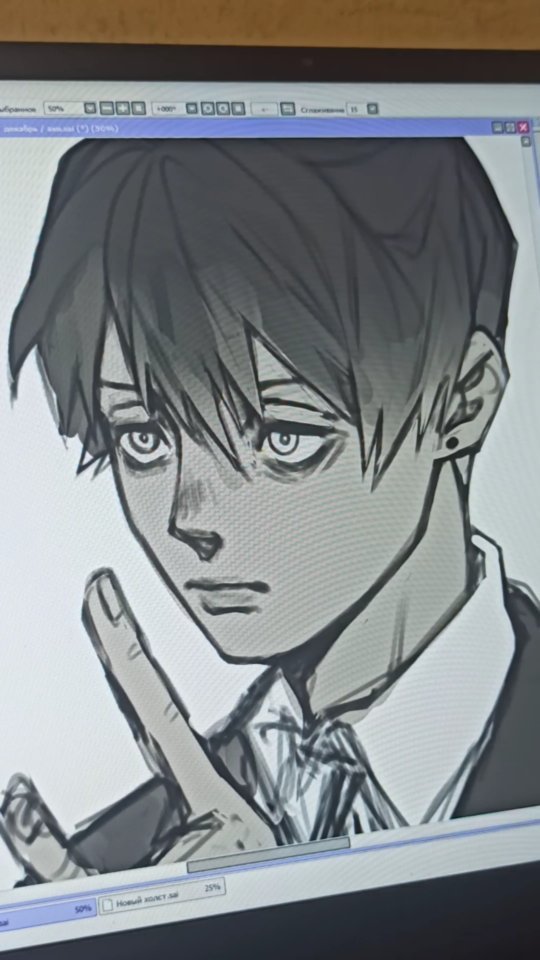 the image shows a closeup view of a digital drawing displayed on a computer screen.  the artwork is a grayscale animestyle portrait of a young man with dark, stylish hair. he has expressive eyes and is making a peace sign with his hand. he appears to be wearing a suit or formal wear.  the screen shows a digital art program's interface, suggesting the image is a work in progress. the overall style is reminiscent of manga or anime character design.